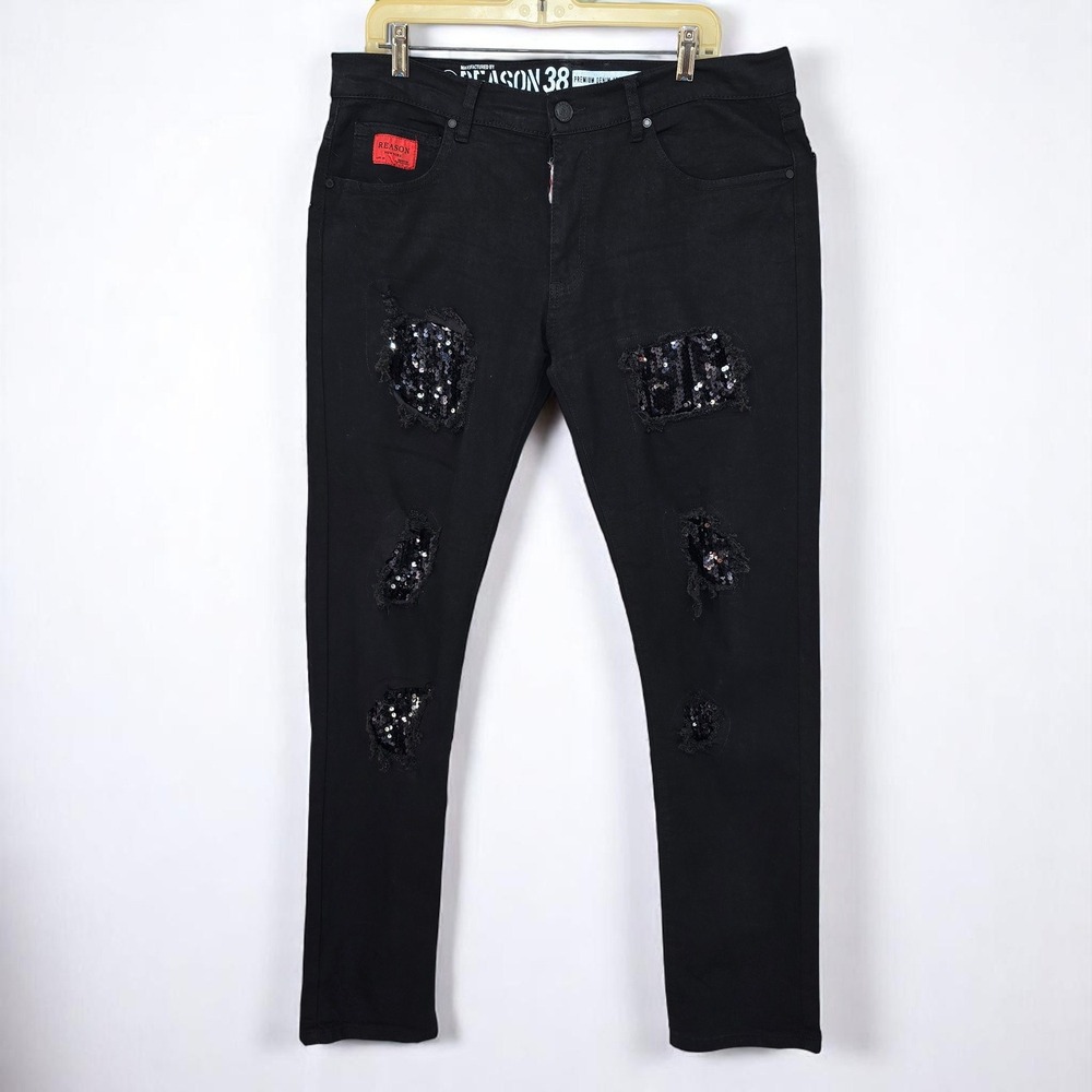 REASON  Distressed Jeans Sequin‎ Patches Ripped Black Denim Men Size 36x30 Disco